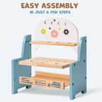 ROBUD Mini Wooden Play Tool Workbench during easy assembly with tool shelf, work surface and lower storage area
