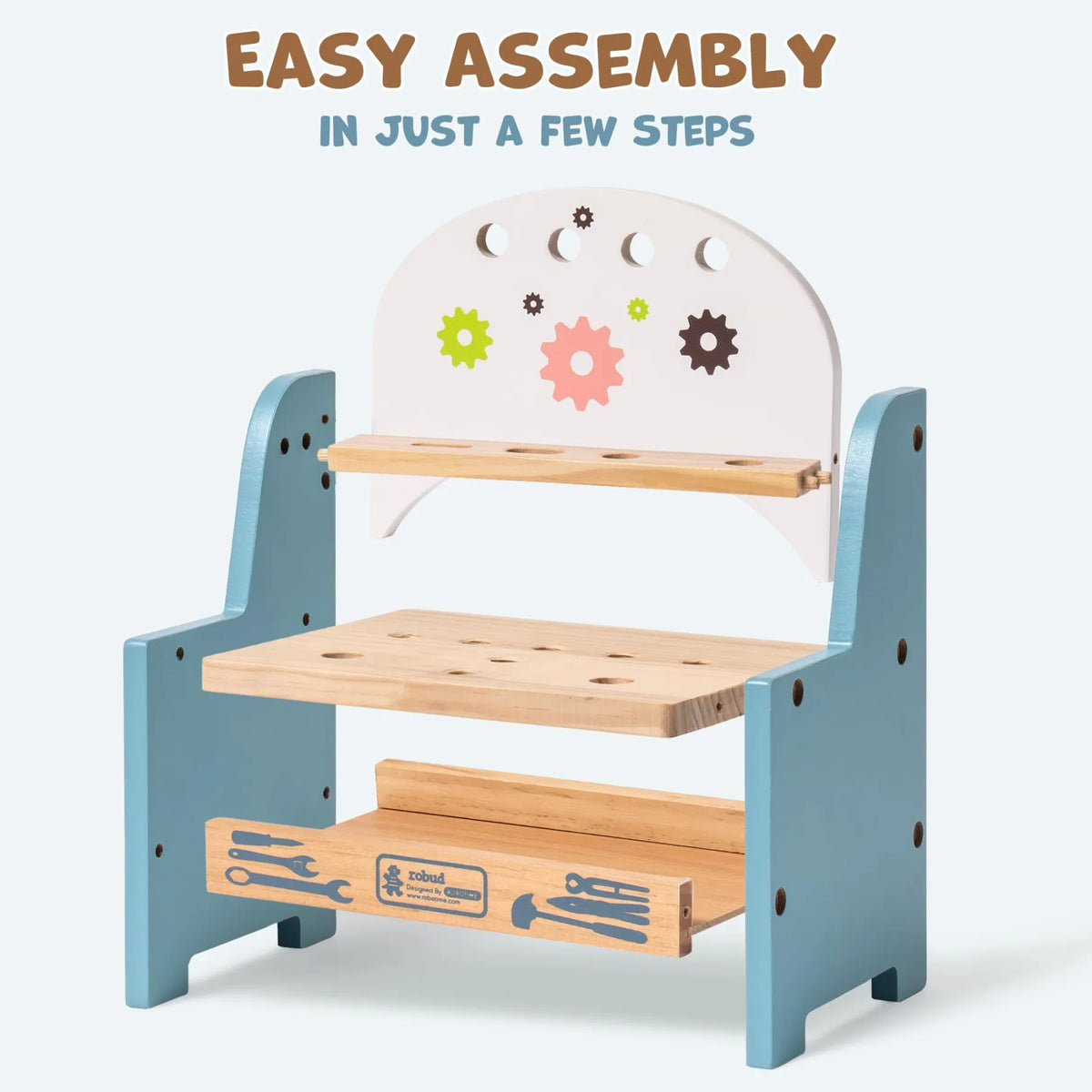 ROBUD Mini Wooden Play Tool Workbench during easy assembly with tool shelf, work surface and lower storage area