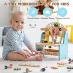 ROBUD Mini Wooden Play Workbench for kids with a child exploring wooden tools, gears and hands-on workshop play