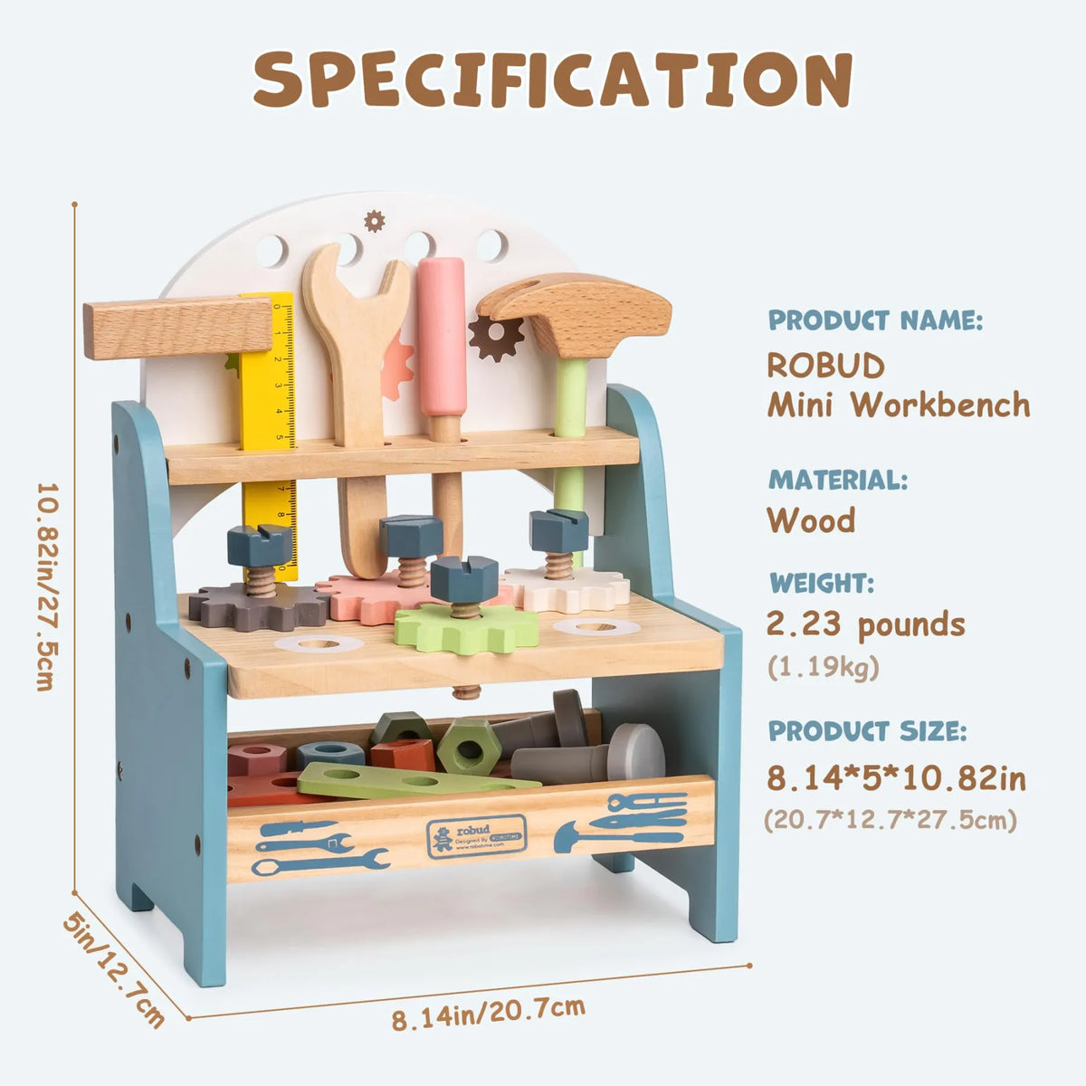 ROBUD Mini Wooden Play Tool Workbench WG201 with 20.7 x 12.7 x 27.5 cm dimensions and wooden construction