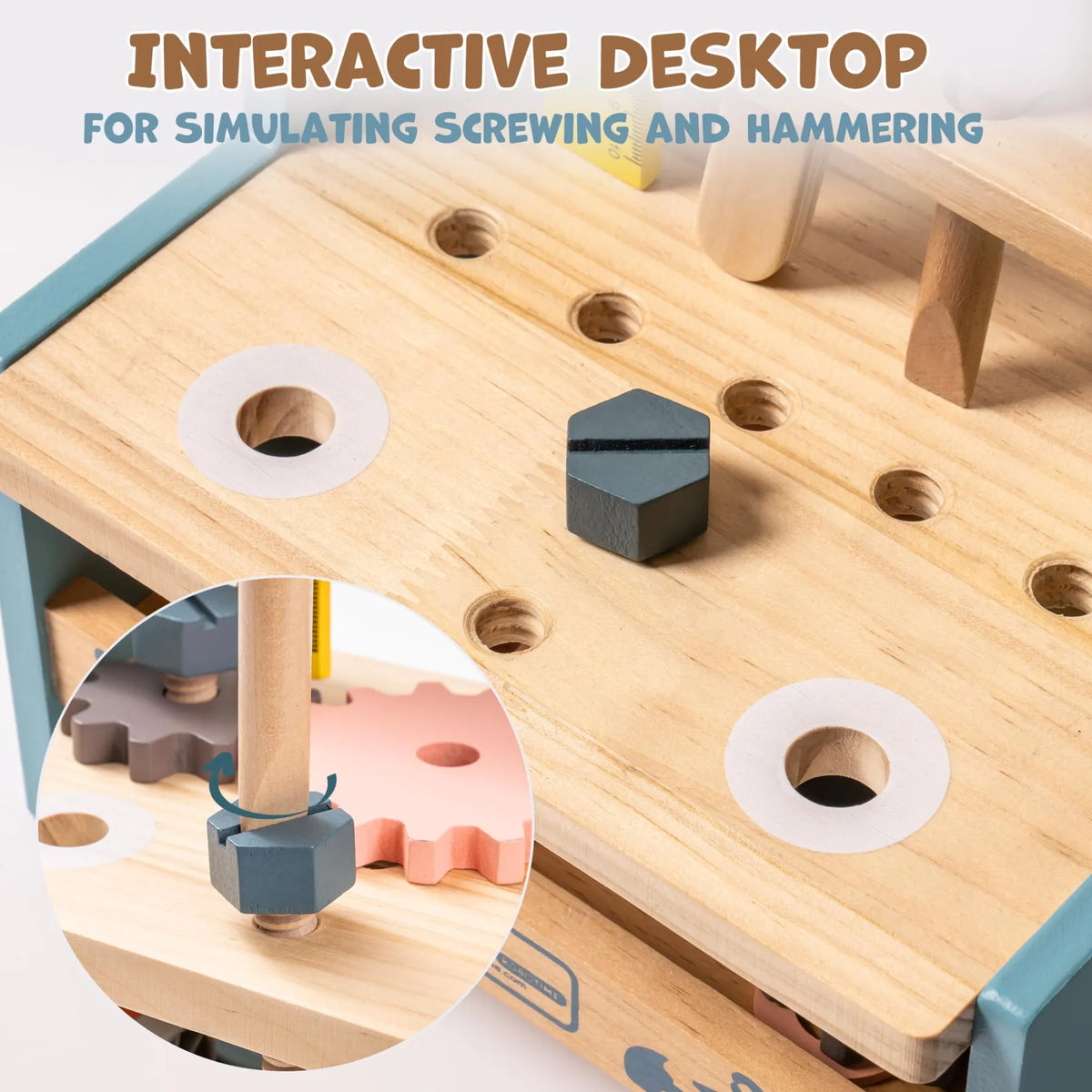 ROBUD Mini Wooden Play Workbench with interactive tabletop for pretend screwing, hammering and hands-on tool activities
