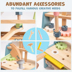 ROBUD Mini Wooden Play Workbench with wooden wrench, screwdriver, hammer, ruler, rotating nuts and colourful gears