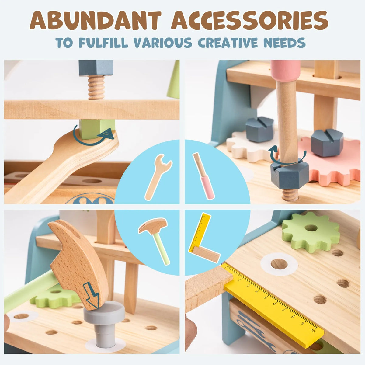 ROBUD Mini Wooden Play Workbench with wooden wrench, screwdriver, hammer, ruler, rotating nuts and colourful gears