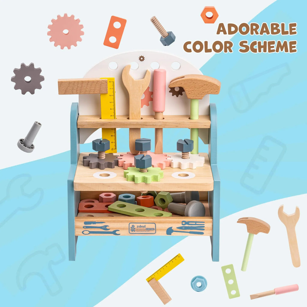 ROBUD Mini Wooden Play Tool Workbench Set with colourful gears, screws, hammer, wrench, screwdriver and ruler