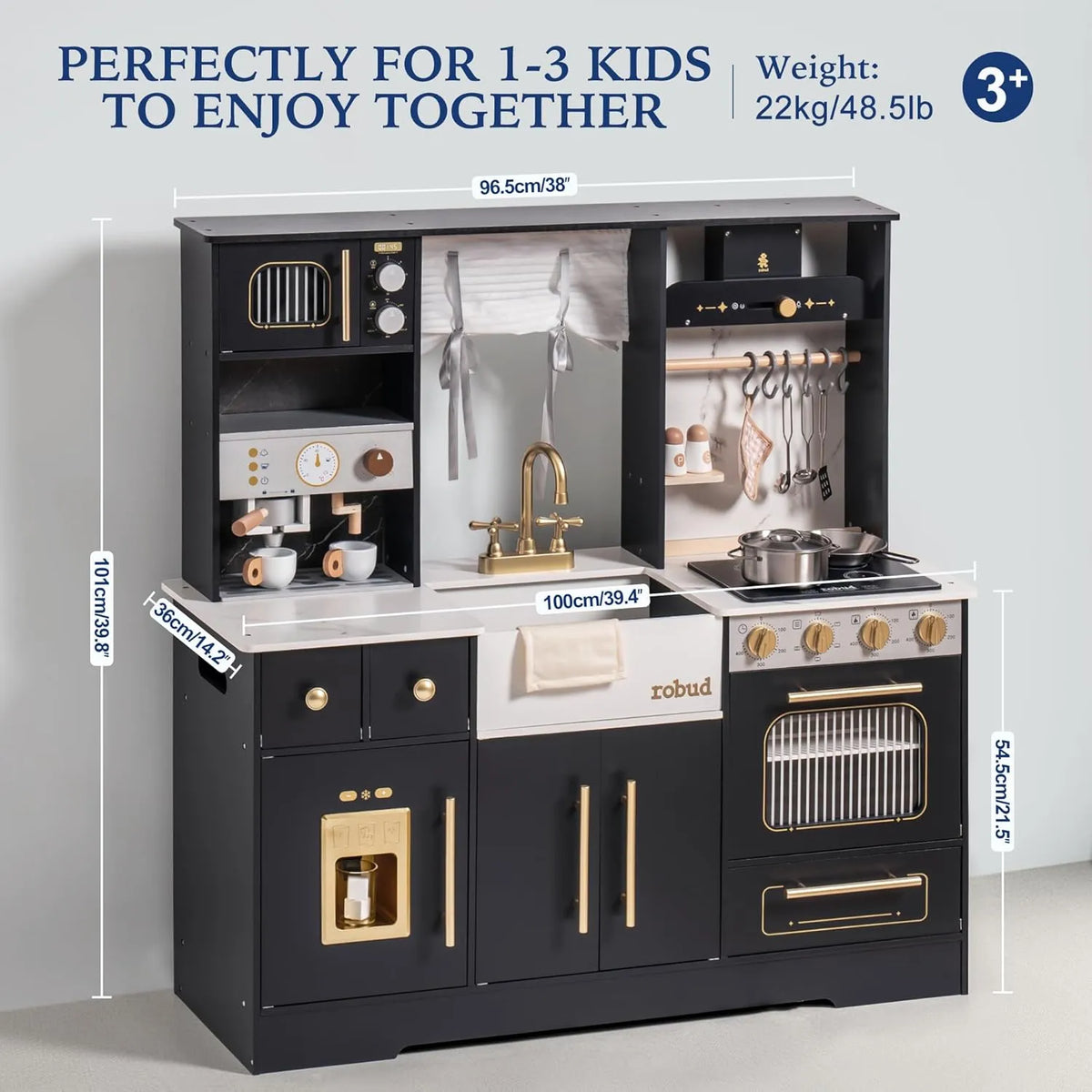 ROBUD Modern Play Kitchen for Kids with 101 cm height, 100 cm width and 36 cm depth in a spacious wooden design