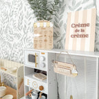 ROBUD Modern Play Kitchen close-up showing microwave, coffee machine, gold faucet, curtains and pretend play details