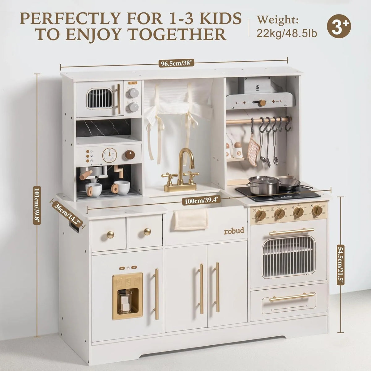 ROBUD Modern Play Kitchen for Kids with 101 cm height, 100 cm width, 36 cm depth and spacious wooden design