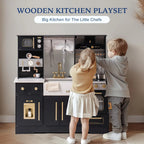 ROBUD wooden play kitchen for kids with two children enjoying imaginative cooking and interactive role play