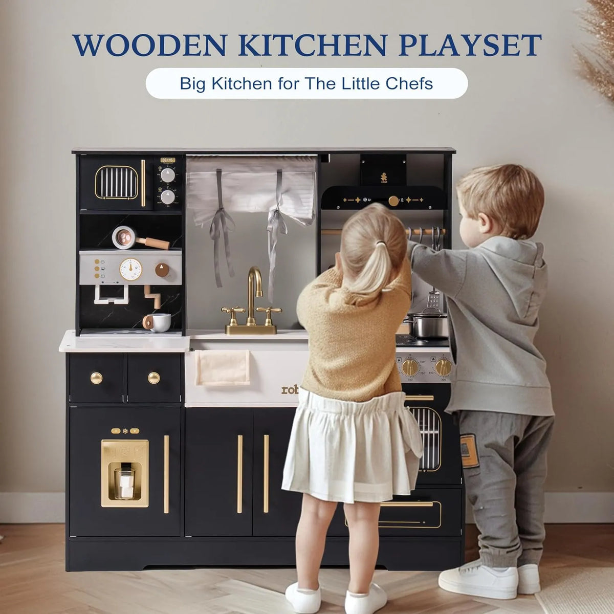 ROBUD wooden play kitchen for kids with two children enjoying imaginative cooking and interactive role play