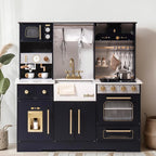 ROBUD Modern Play Kitchen for Kids in black with gold accents, oven, coffee machine, sink, stove and storage cabinets