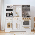 ROBUD Modern Play Kitchen for Kids in white with gold accents, oven, coffee machine, sink, stove and kitchen accessories