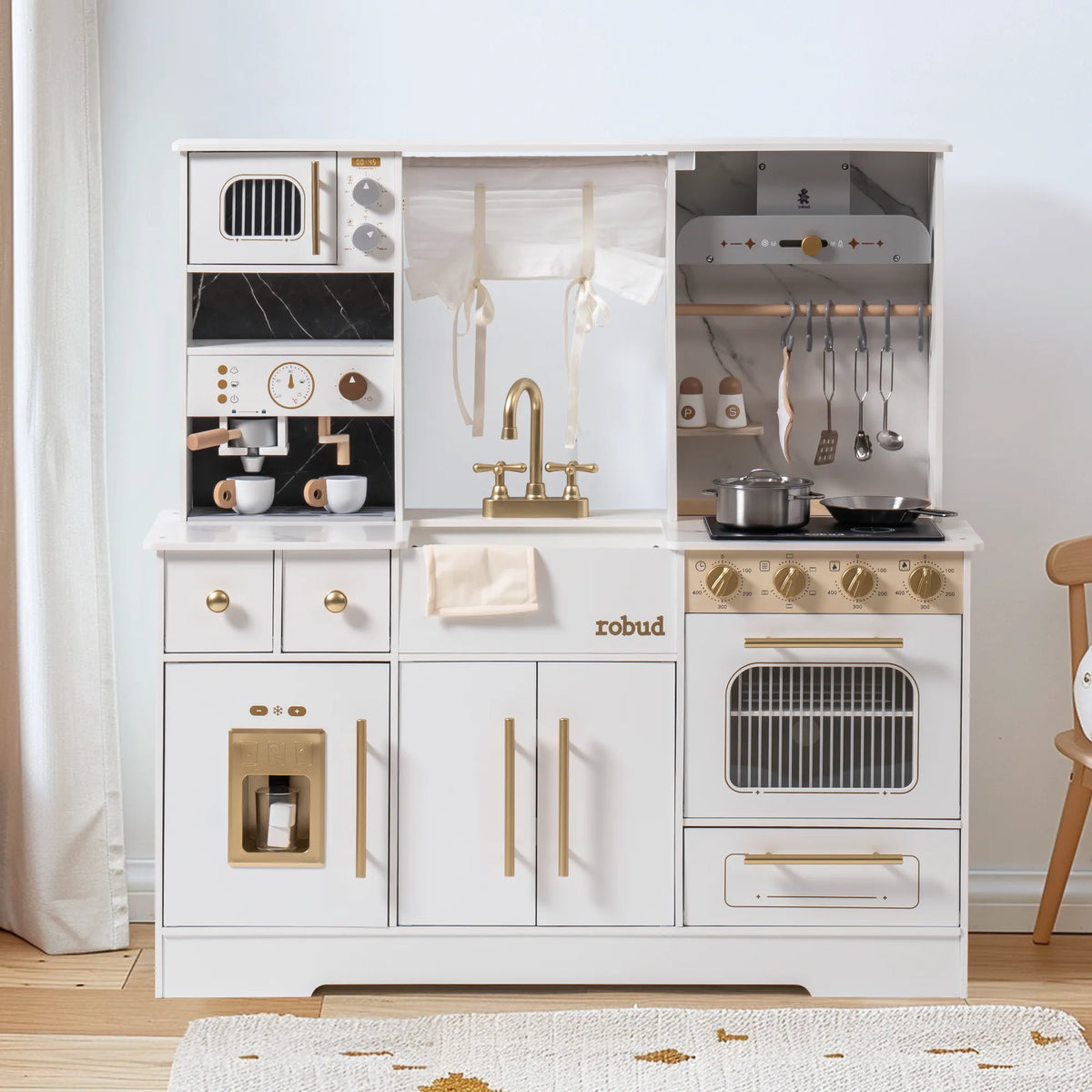ROBUD Modern Play Kitchen for Kids in white with gold accents, oven, coffee machine, sink, stove and kitchen accessories