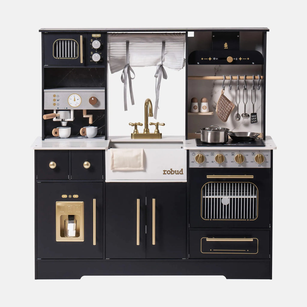 ROBUD Modern Play Kitchen for Kids in black with gold details, oven, coffee machine, sink, stove and realistic storage areas
