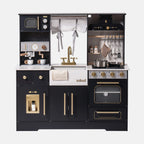 ROBUD Modern Play Kitchen for Kids in black with gold details, oven, coffee machine, sink, stove and realistic storage areas