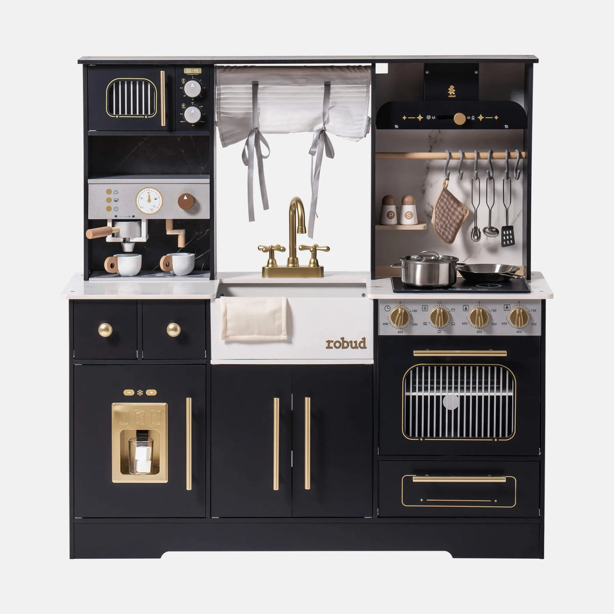 ROBUD Modern Play Kitchen for Kids in black with gold details, oven, coffee machine, sink, stove and realistic storage areas