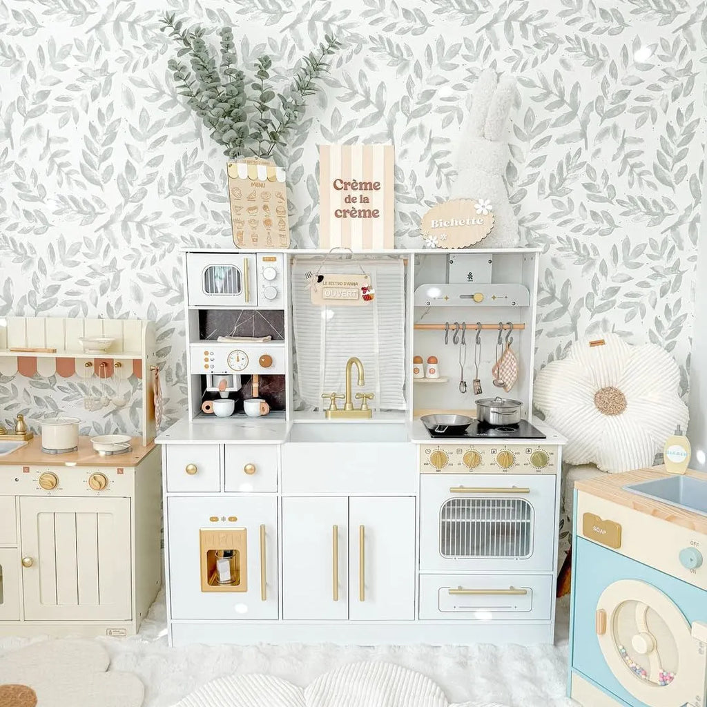 ROBUD modern kids play kitchen displayed in a bright children's playroom with realistic kitchen appliances and accessories