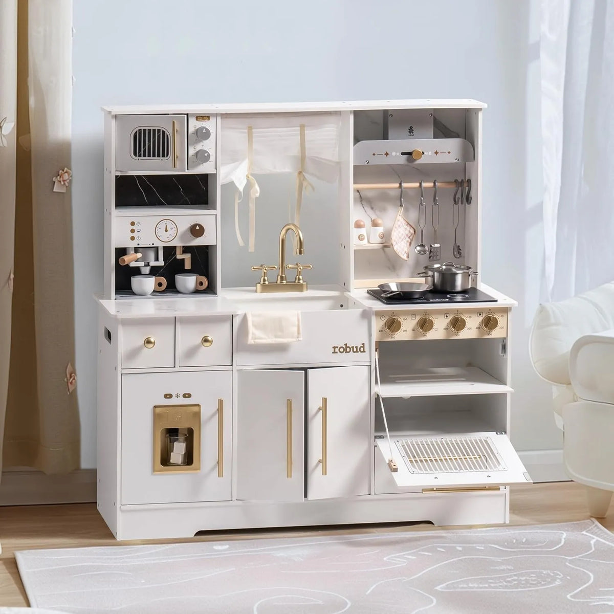 ROBUD Modern Play Kitchen for Kids with opening oven door, realistic stove, coffee machine and gold kitchen fixtures