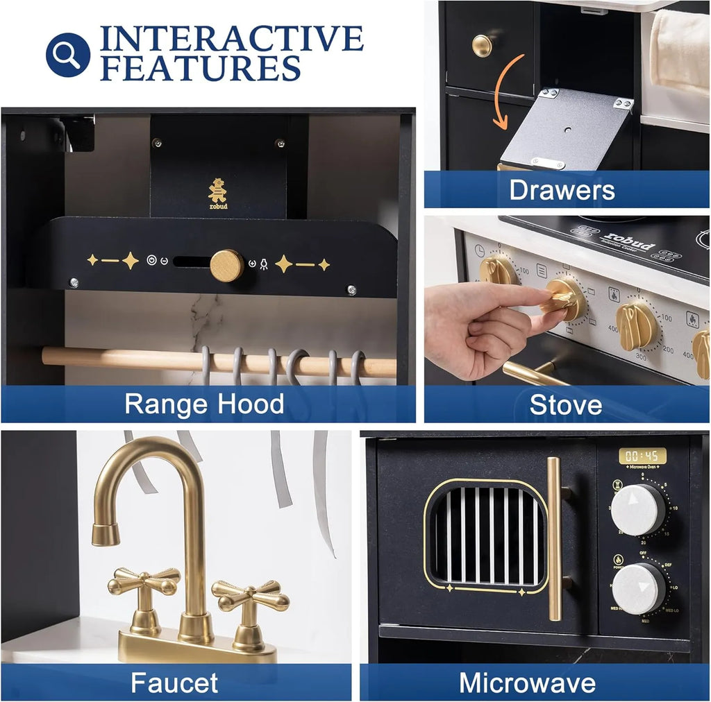 ROBUD Modern Play Kitchen with interactive range hood, rotating stove knobs, rotating faucet, drawers and opening microwave
