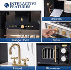 ROBUD Modern Play Kitchen with interactive range hood, rotating stove knobs, rotating faucet, drawers and opening microwave