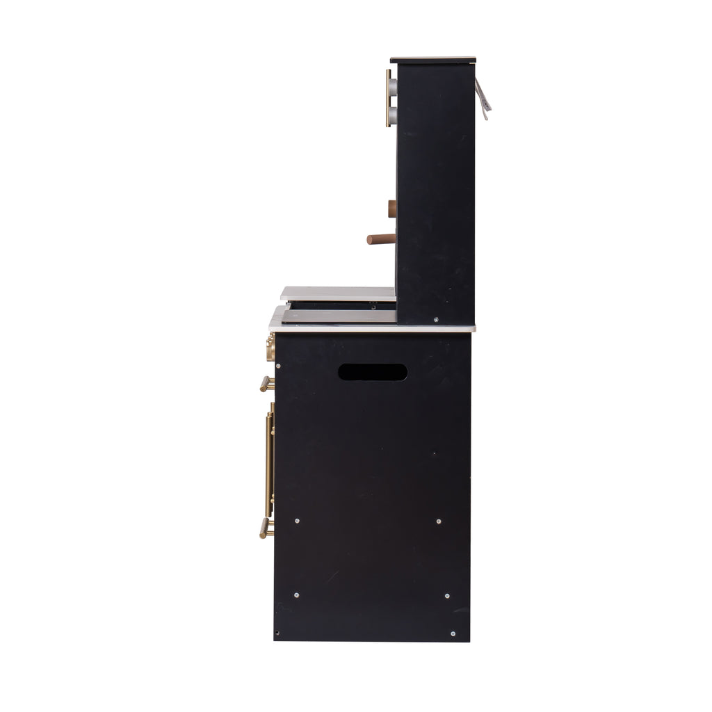 ROBUD Modern Play Kitchen for Kids side view showing the black wooden structure, countertop depth and rear construction