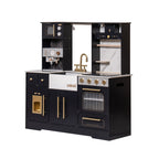 ROBUD Modern Play Kitchen for Kids black three-quarter view showing the wooden construction, oven, sink and kitchen storage