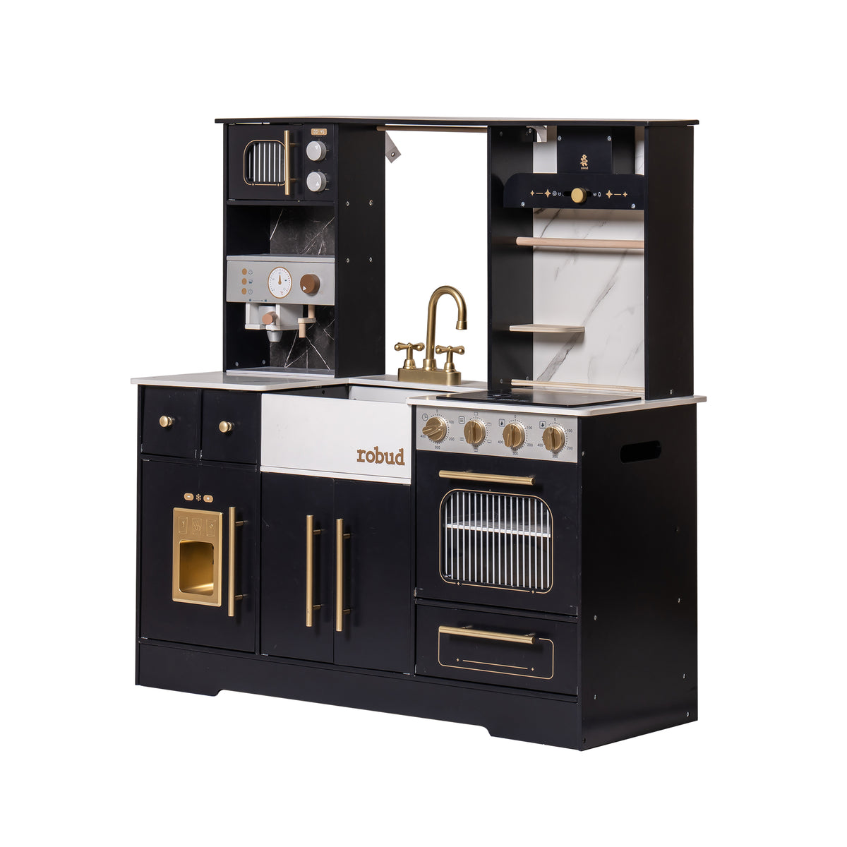 ROBUD Modern Play Kitchen for Kids black three-quarter view showing the wooden construction, oven, sink and kitchen storage