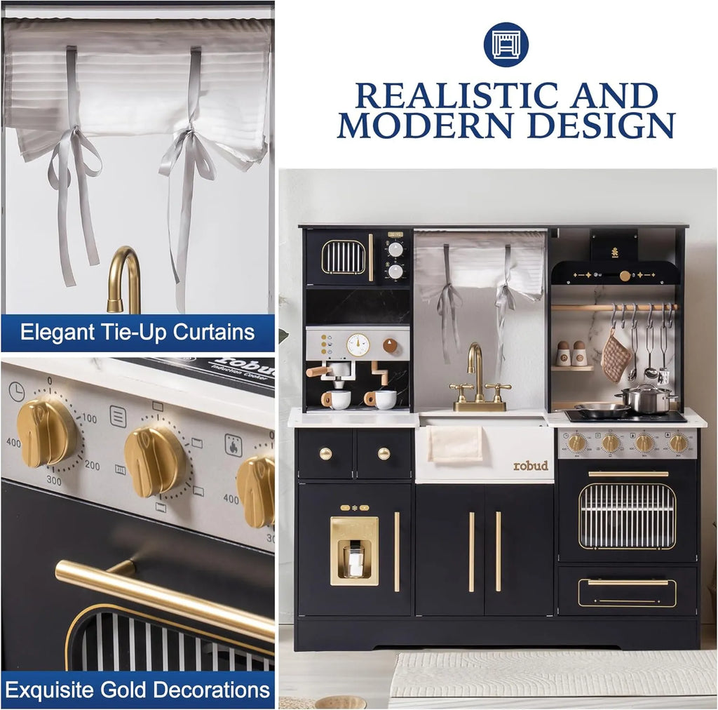 ROBUD modern wooden play kitchen with elegant black finish, gold accents, tie-up curtains and realistic kitchen details