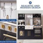 ROBUD modern wooden play kitchen with elegant black finish, gold accents, tie-up curtains and realistic kitchen details