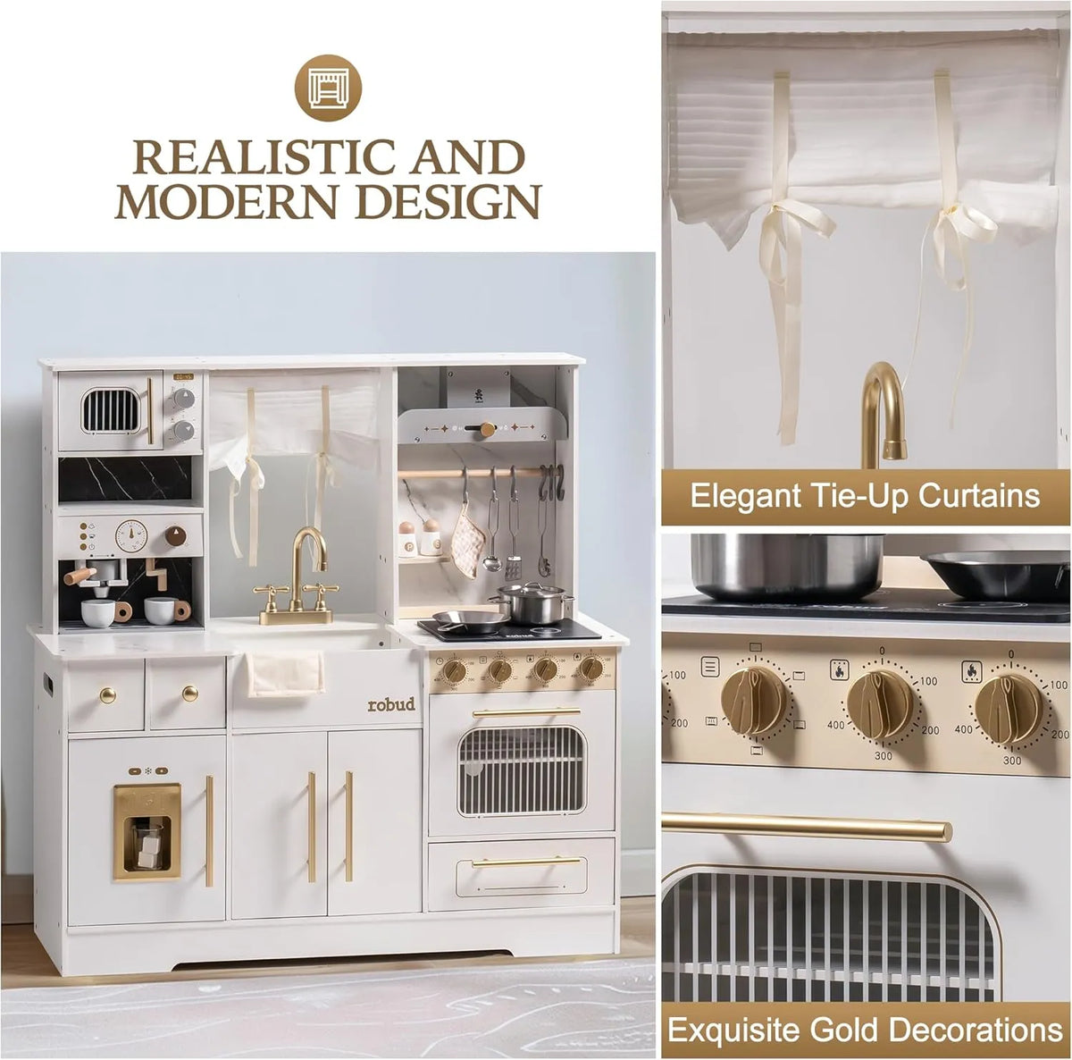 ROBUD modern wooden play kitchen with elegant white finish, gold details, tie-up curtains and realistic stove controls