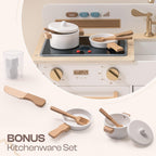 ROBUD Montessori Wooden Play Kitchen with pretend cookware, pots, pans and wooden kitchen utensils