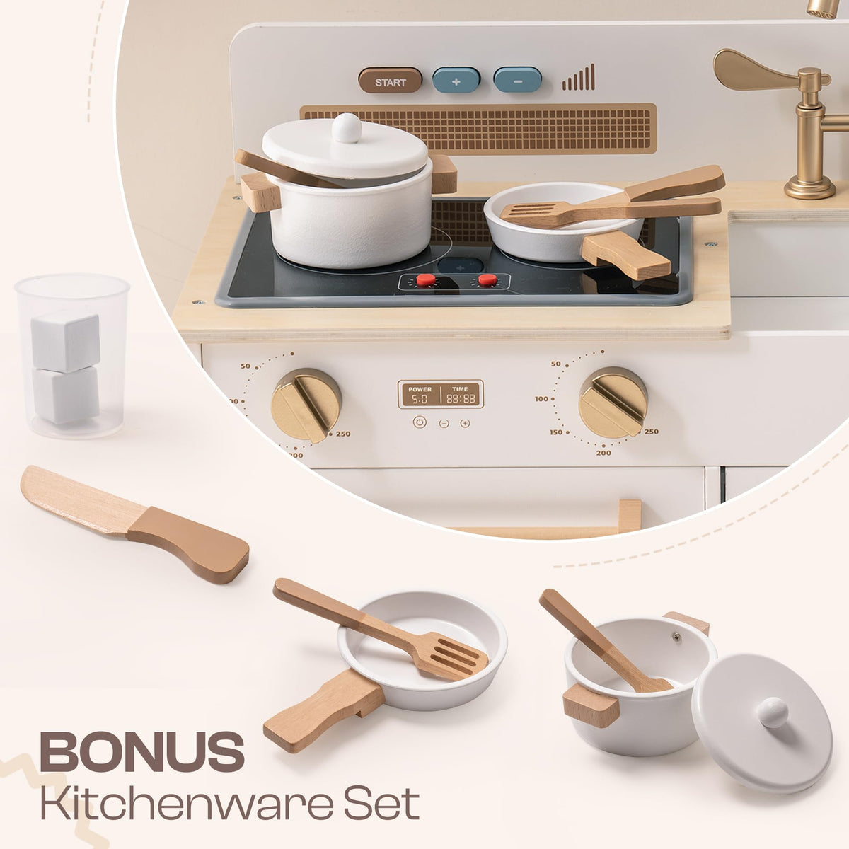 ROBUD Montessori Wooden Play Kitchen with pretend cookware, pots, pans and wooden kitchen utensils