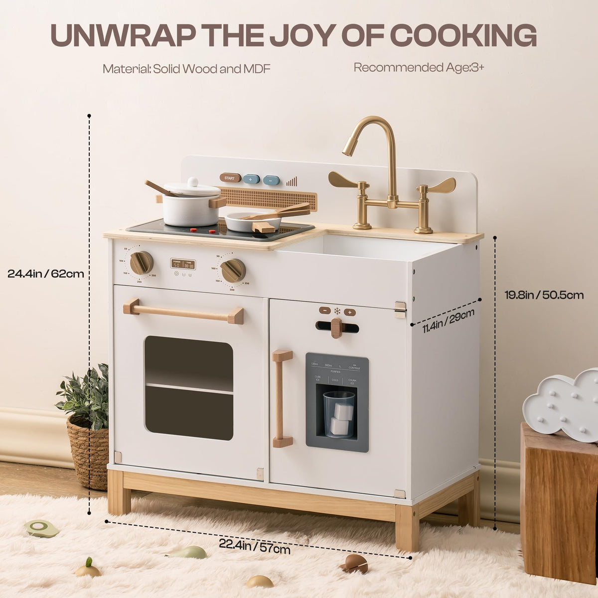 ROBUD Montessori Wooden Play Kitchen with 57 x 29 x 62 cm dimensions and natural wood design