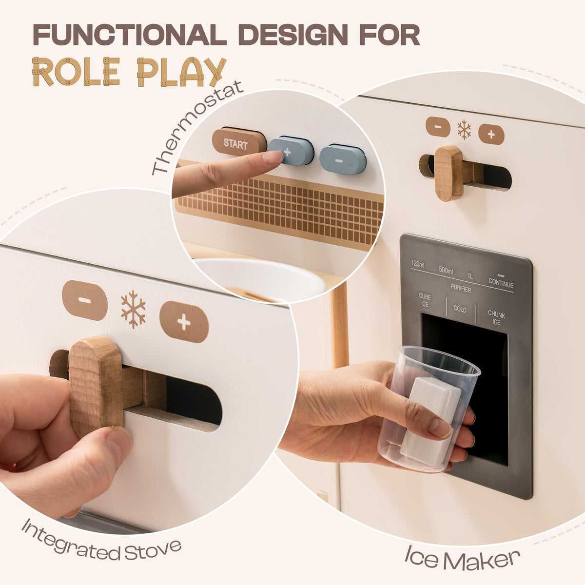 ROBUD Montessori Wooden Play Kitchen with interactive controls, simulated stove and built-in ice dispenser