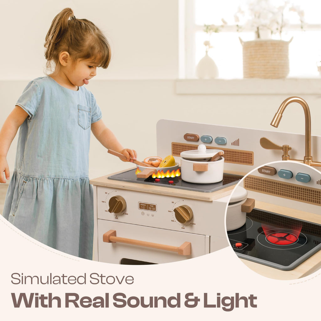 ROBUD Montessori Wooden Play Kitchen with simulated stovetop, realistic sound and light effects for pretend cooking