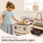 ROBUD Montessori Wooden Play Kitchen with simulated stovetop, realistic sound and light effects for pretend cooking