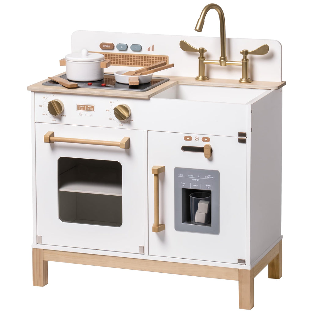 ROBUD Montessori Wooden Play Kitchen in white with wooden countertop, stovetop, oven, sink and ice dispenser