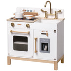 ROBUD Montessori Wooden Play Kitchen in white with wooden countertop, stovetop, oven, sink and ice dispenser