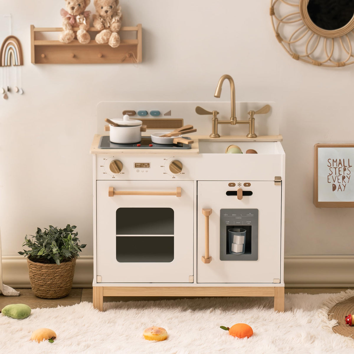ROBUD Montessori Wooden Play Kitchen with wooden stovetop, oven, sink, rotating faucet and ice dispenser