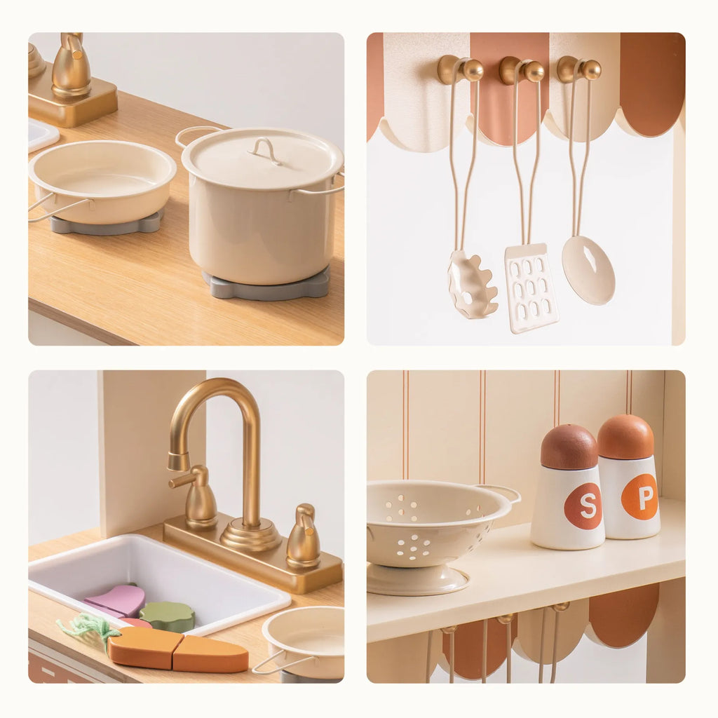 ROBUD Olivia Caramel Wooden Play Kitchen close-up showing cookware, hanging utensils, farmhouse sink, faucet and spice jars
