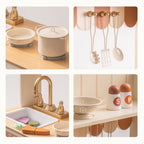 ROBUD Olivia Caramel Wooden Play Kitchen close-up showing cookware, hanging utensils, farmhouse sink, faucet and spice jars