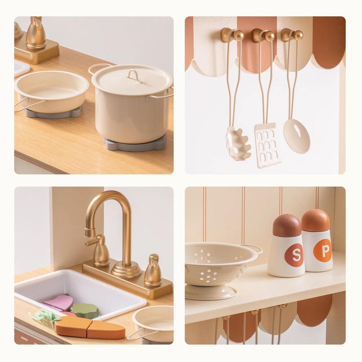 ROBUD Olivia Caramel Wooden Play Kitchen close-up showing cookware, hanging utensils, farmhouse sink, faucet and spice jars