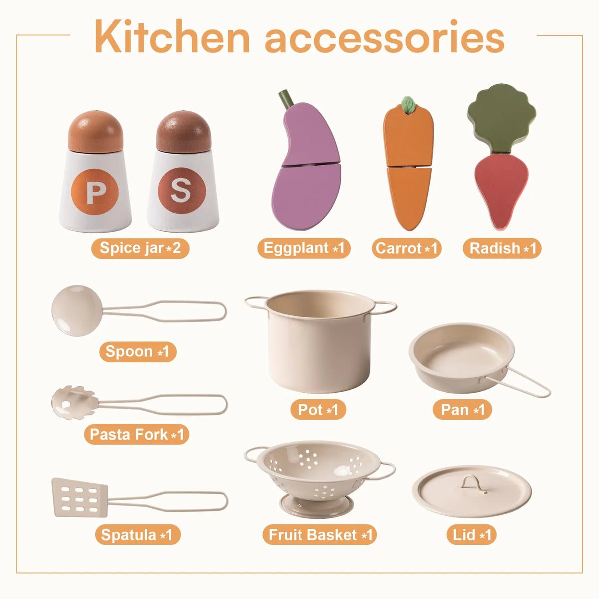 ROBUD Olivia Caramel Wooden Kids Play Kitchen accessories including pretend vegetables, spice jars, pot, pan, spoon, pasta fork, spatula and fruit basket