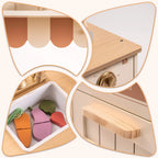 ROBUD Olivia Caramel Wooden Kids Play Kitchen details with colourful pretend vegetables, farmhouse sink, rounded handles and stove controls