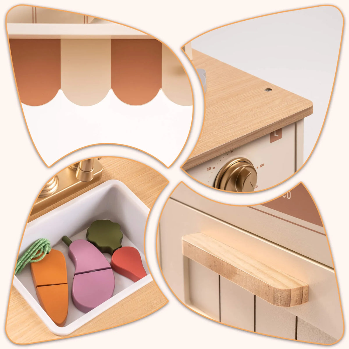 ROBUD Olivia Caramel Wooden Kids Play Kitchen details with colourful pretend vegetables, farmhouse sink, rounded handles and stove controls