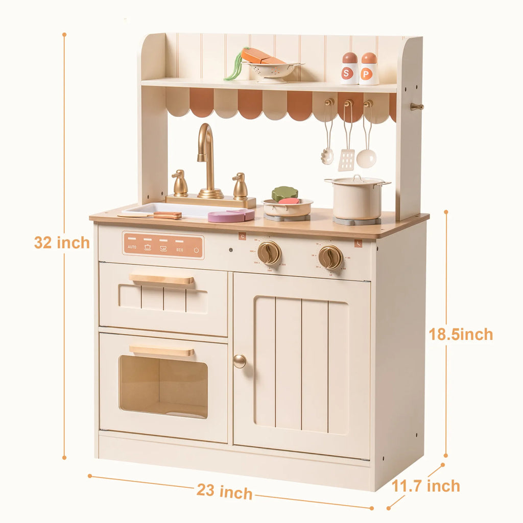ROBUD Olivia Caramel Wooden Kids Play Kitchen with 32 inch height, 23 inch width and 11.7 inch depth