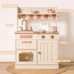 ROBUD Olivia Caramel Wooden Play Kitchen with storage shelf, farmhouse sink, kitchen utensils, stove, oven and storage cabinet