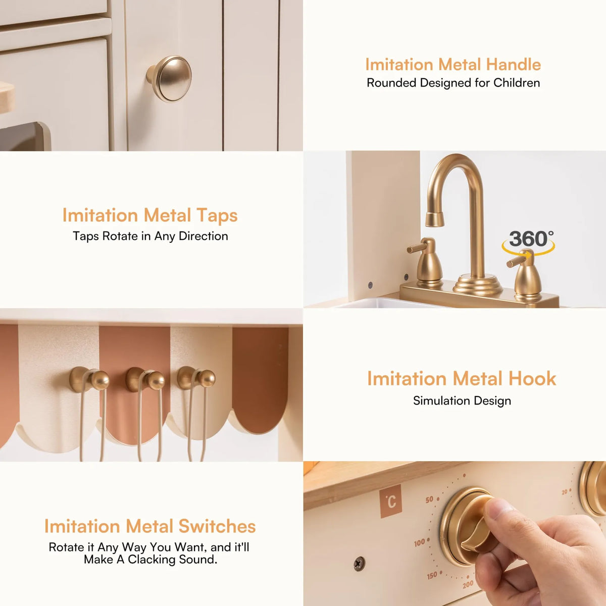 ROBUD Olivia Caramel Wooden Play Kitchen with rotating faucet, rounded handles, hanging hooks and turning stove switches