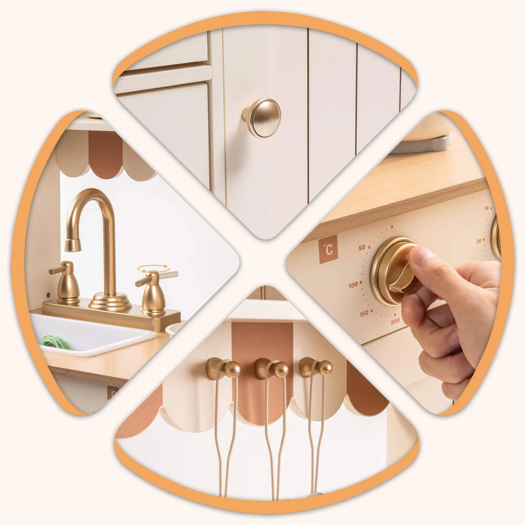 ROBUD Olivia Caramel Wooden Play Kitchen showing rotating faucet, stove controls, rounded cabinet handle and hanging utensil hooks