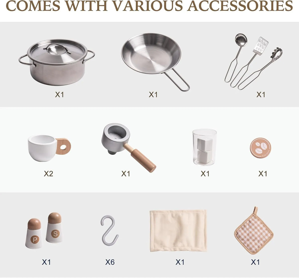 ROBUD play kitchen accessories including cooking pot, frying pan, kitchen utensils, cups, coffee maker and salt and pepper shakers