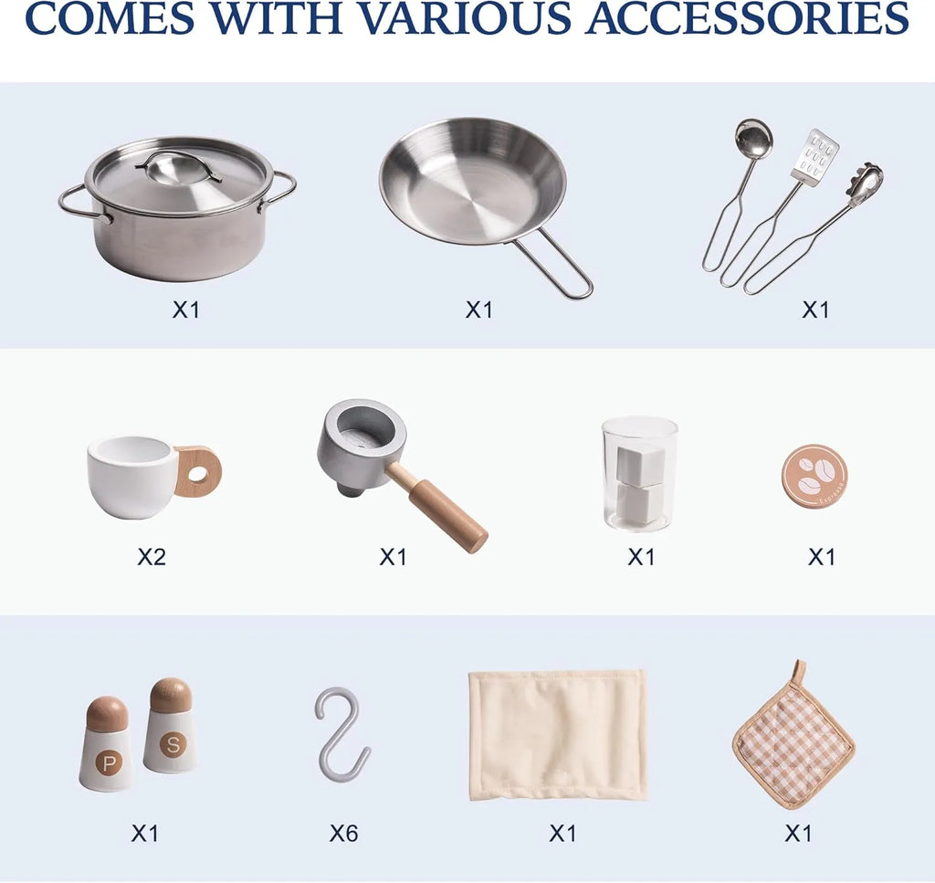 ROBUD play kitchen accessories including cooking pot, frying pan, utensils, cups, coffee accessories, salt shakers and hooks